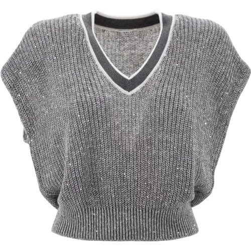 Grey Linen Blend Sequin Sweater , female, Sizes: XS, S - BRUNELLO CUCINELLI - Modalova