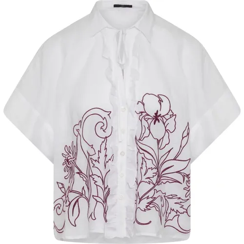 Aria - Ivory short sleeve shirt with berry red floral embroidery , Damen, Größe: XL - High - Modalova