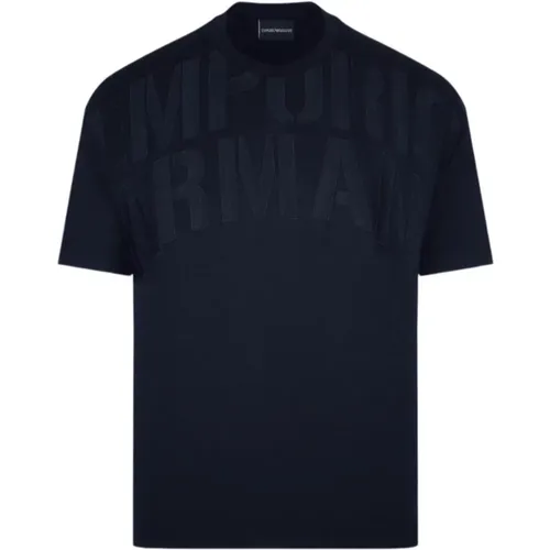 Navyblaues T-Shirt mit Kurzen Ärmeln aus Jersey und Besticktem Logo , Herren, Größe: L - Emporio Armani - Modalova