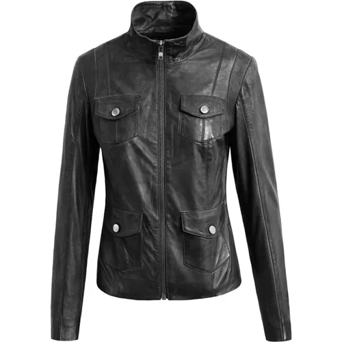 Leather Biker Jacket with High Collar and 4 Pockets , female, Sizes: S - Btfcph - Modalova
