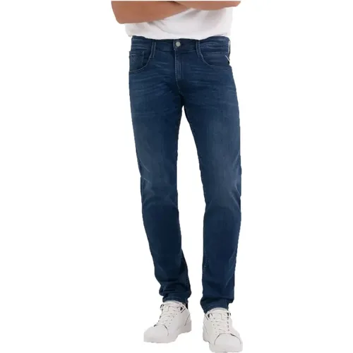 Blaue Abgenutzte Reißverschluss Jeans , Herren, Größe: W34 L34 - Replay - Modalova