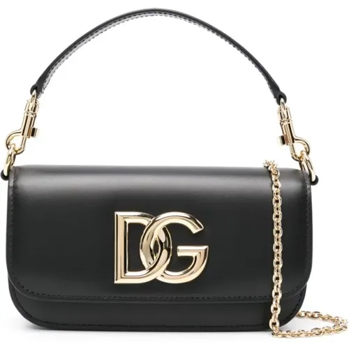 Schwarze Lederhandtasche mit Körniger Textur und Logo - Dolce & Gabbana - Modalova
