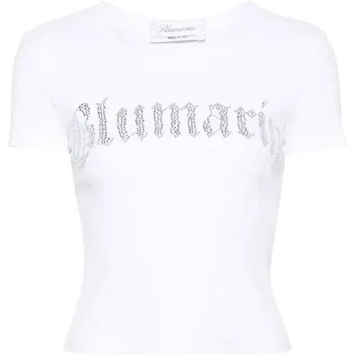 Weiße gerippte T-Shirt mit Strass-Logo , Damen, Größe: S - Blumarine - Modalova