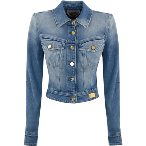 Denim Cropped Jacket with Metal Buttons , female, Sizes: S, L - Elisabetta Franchi - Modalova