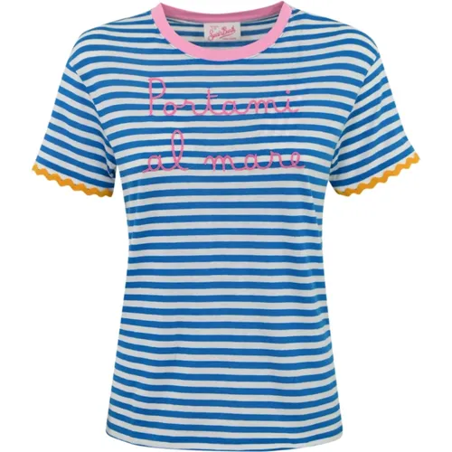 Gestreiftes besticktes Damen T-Shirt Blau - MC2 Saint Barth - Modalova