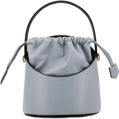 Blaue Leder Bucket Bag mit Paisley Jacquard Details - ETRO - Modalova