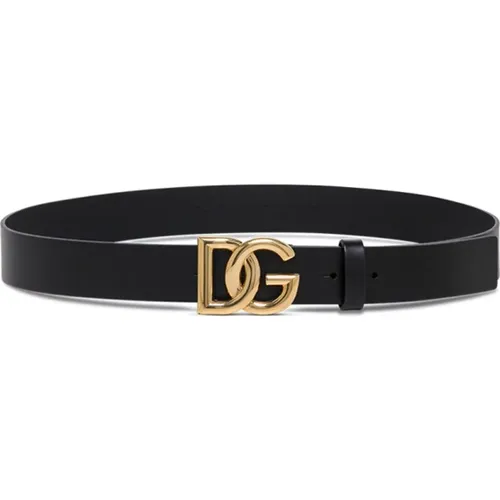 Schwarzer Ledergürtel mit DG Goldener Metallschnalle , Herren, Größe: 100 CM - Dolce & Gabbana - Modalova