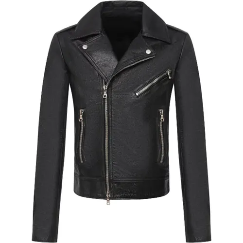 Leather Jacket with Logo Relief , male, Sizes: M - Balmain - Modalova
