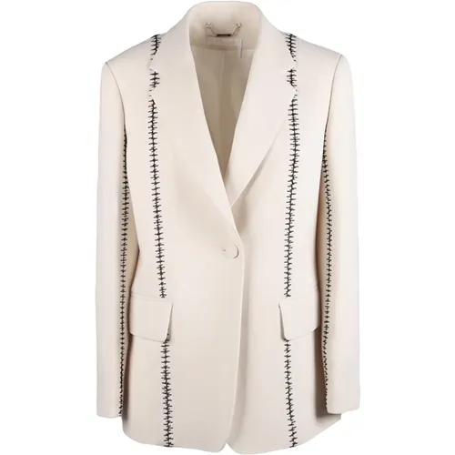 Cream Wool Blazer with Leather Details , female, Sizes: S, M - Chloé - Modalova
