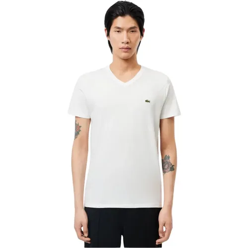V-Ausschnitt Baumwoll-T-Shirt - Weiß , Herren, Größe: S - Lacoste - Modalova