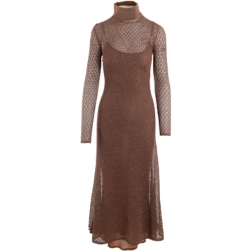 Braun Bronze Gestricktes und Lurex Flare Kleid,Braunes Gestricktes Rollkragenkleid mit Asymmetrischem Saum - Tom Ford - Modalova