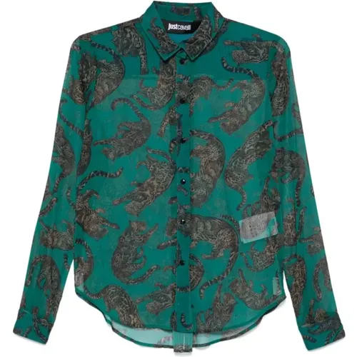 Grünes All-Over-Print-Shirt , Damen, Größe: M - Just Cavalli - Modalova