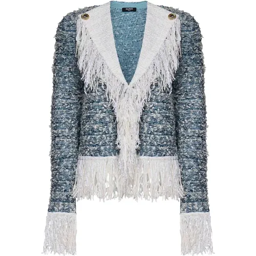 Denim Tweed Jacket with Fringes , female, Sizes: XS - Balmain - Modalova