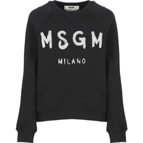 Schwarzer Baumwollpullover mit Glitzerlogo , Damen, Größe: S - MSGM - Modalova