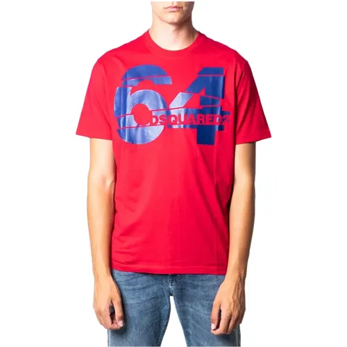Rotes Bedrucktes Rundhals T-Shirt , Herren, Größe: M - Dsquared2 - Modalova