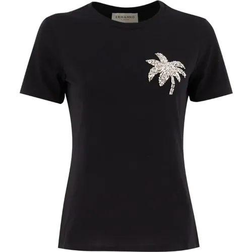 Schwarzes Baumwoll-T-Shirt mit Stickerei , Damen, Größe: S - Ermanno Scervino - Modalova