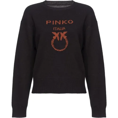 Schwarzer Wollstrickpullover Intarsia-Logo - pinko - Modalova