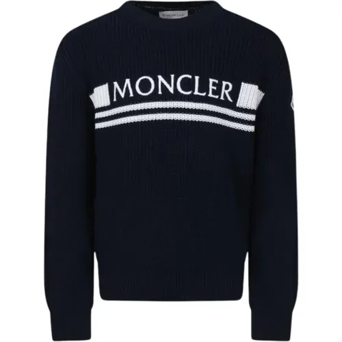 Blauer Strickpullover Rundhalsausschnitt Logo - Moncler - Modalova