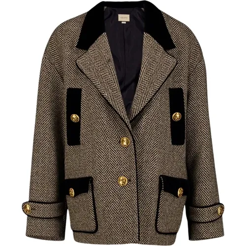 Velvet-Trim Wool-Blend Herringbone Coat , female, Sizes: M - Gucci - Modalova