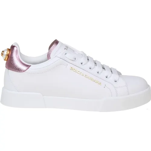Portofino Sneakers aus weißem Leder mit Logo-Perle , Damen, Größe: 39 EU - Dolce & Gabbana - Modalova