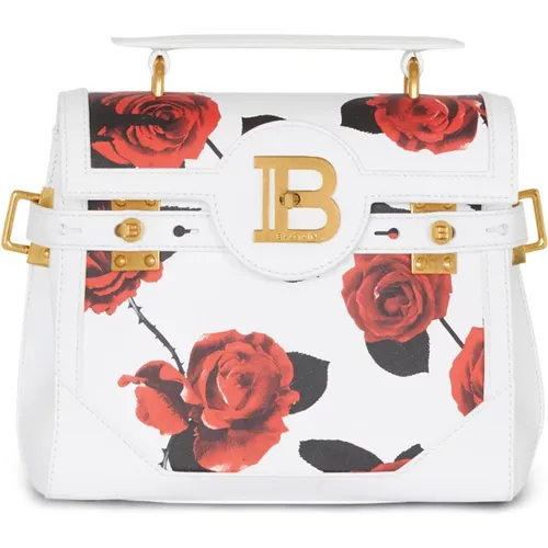 Tasche B-Buzz 23 aus Kalbsleder mit Rosen-Print und eingeprägtem Grid-Muster - Balmain - Modalova