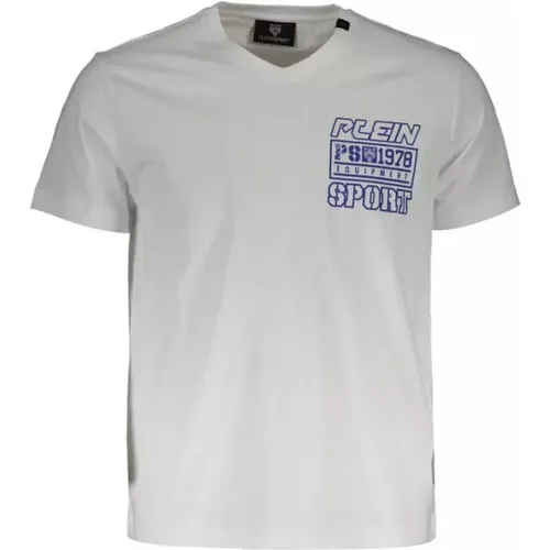 Weißes Baumwoll-T-Shirt mit Kurzen Ärmeln und V-Ausschnitt - Plein Sport - Modalova