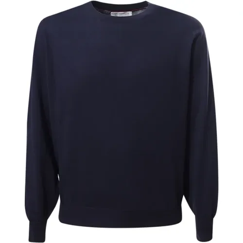 Blauer Crew-Neck Sweater mit gerippten Bündchen und Rüsche,Navy Baumwollpullover mit Dunkelgrauen Bündchen - BRUNELLO CUCINELLI - Modalova