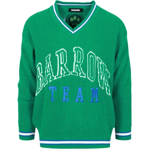 Grüner Pullover mit V-Ausschnitt und Jacquard-Logo , Herren, Größe: S - Barrow - Modalova