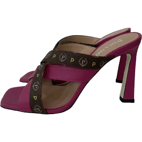 Fuchsia Sandals with Brown Straps and Heritage Print - Size 39 , female, Sizes: 4 UK, 7 UK, 5 UK - Pollini - Modalova