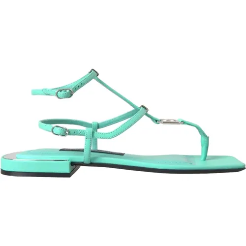 Green Leather Ankle Strap Flats Sandals , female, Sizes: 3 UK - Dolce & Gabbana - Modalova