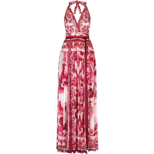 Fuchsia Majolica-Print Maxi Dress , female, Sizes: XS, S - Dolce & Gabbana - Modalova