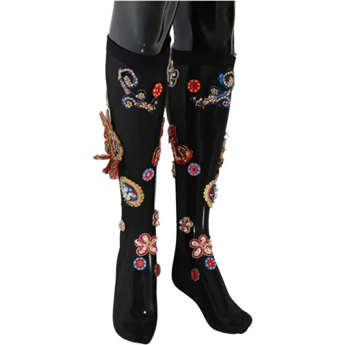 Stretch Carretto Crystal Socks , female, Sizes: S - Dolce & Gabbana - Modalova
