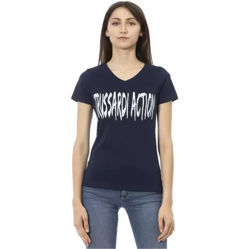 Blaues Baumwoll V-Ausschnitt T-Shirt mit Frontdruck , Damen, Größe: S - Trussardi - Modalova