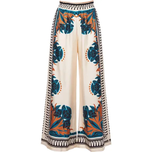 Platzierte Palazzo Hose,Lotus Seiden Palazzo Hose,Chice Palazzo Hose mit Hand-Placed Print,Blumige Palazzo Hose,Weite Palazzo-Hose aus Seide,Mudejar P - La DoubleJ - Modalova