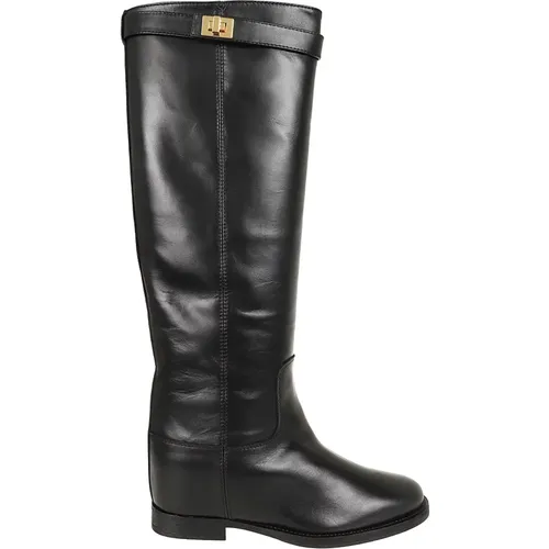 Schwarze Leder-Stiefeletten mit Metallriemen , Damen, Größe: 38 1/2 EU - Via Roma 15 - Modalova