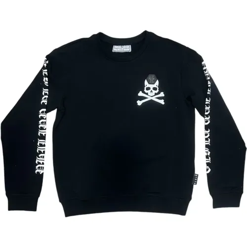 Schwarzer Baumwollpullover mit Gedrucktem Schädel , unisex, Größe: 140 CM - Philipp Plein - Modalova