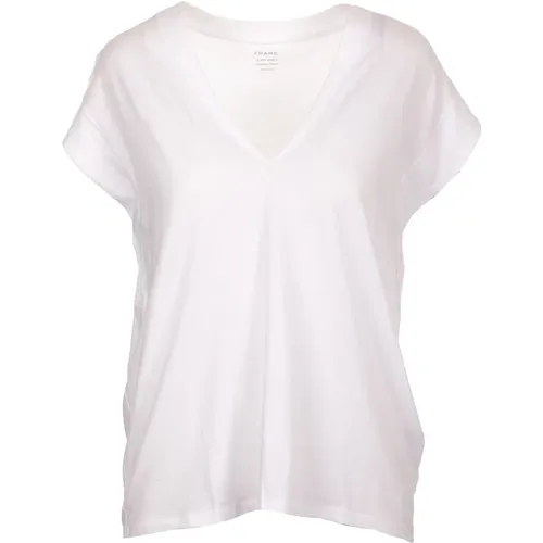 Weißes V-Ausschnitt Pima Baumwoll T-Shirt , Damen, Größe: M - Frame - Modalova