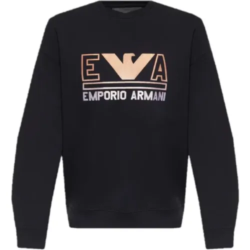 Navy Blue Double Jersey Sweatshirt with Maxi Logo Lettering and Orange Eagle Logo , male, Sizes: L - Emporio Armani - Modalova