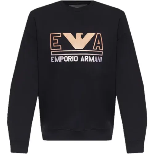 Navyblauer Double Jersey Sweatshirt mit Maxi Logo Schriftzug und orangem Adler-Logo - Emporio Armani - Modalova