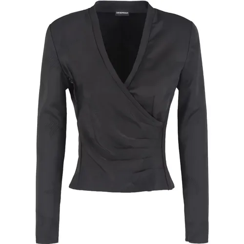 Schwarzes Jacquard V-Ausschnitt Shirt , Damen, Größe: XS - Emporio Armani - Modalova