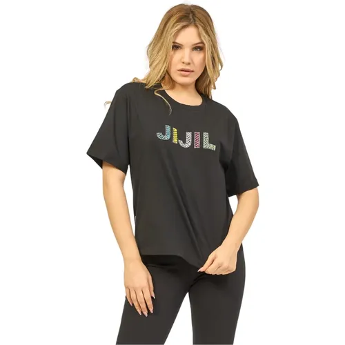 Schwarzes Baumwoll-Rundhals-T-Shirt mit farbigem Strass-Logo , Damen, Größe: XL - Jijil - Modalova