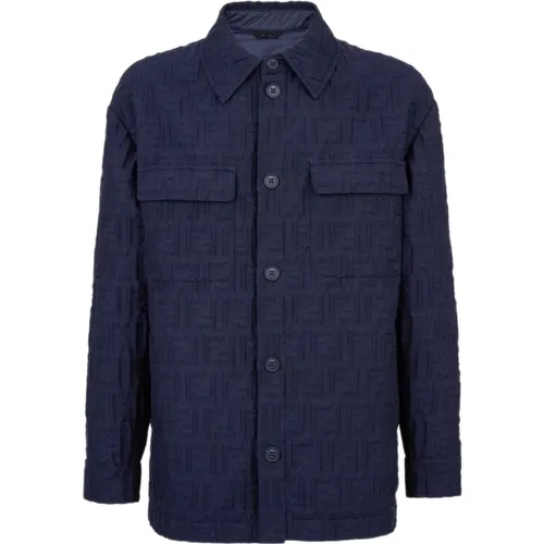 Blaue Jacke mit geprägtem FF-Motiv und Hemdkragen,Marineblaue Go-To Jacke mit Knopfverschluss - Fendi - Modalova