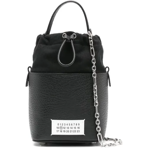 Schwarze Leder Eimer Tasche,Schwarze strukturierte Leder Bucket Bag mit Logo - Maison Margiela - Modalova