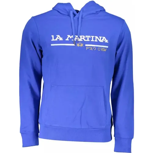Blaue Baumwollpullover mit Kapuze und Stickerei - LA MARTINA - Modalova