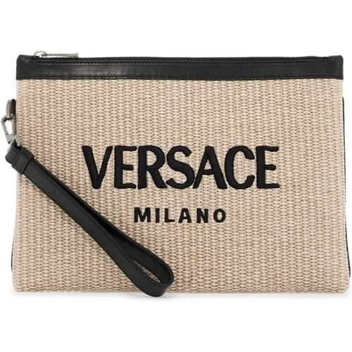 Woven Raffia Embroidered Logo Pouch , female, Sizes: ONE SIZE - Versace - Modalova