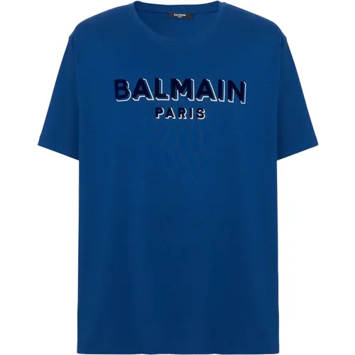 T-Shirt mit beflocktem Metallic-Print , Herren, Größe: M - Balmain - Modalova