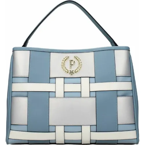 Blaue Handtasche mit Mehrfarbigem Geometrischem Muster und Goldenem Metall P Logo - Pollini - Modalova