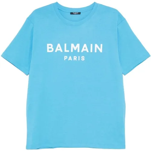 Blau Logo Print T-shirt , Herren, Größe: M - Balmain - Modalova