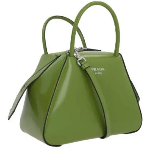 Grüne gebürstete Lederhandtasche mit Kontrastbesatz - Prada - Modalova