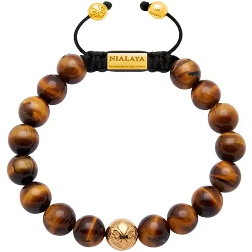 Men's Beaded Bracelet with Gold and Brown Tiger Eye , male, Sizes: XL - Nialaya - Modalova